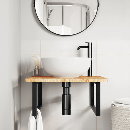 Basin Shelf Wall Mounted Steel and Solid Wood Oak Rectangular Width 60 cm Light brown and black