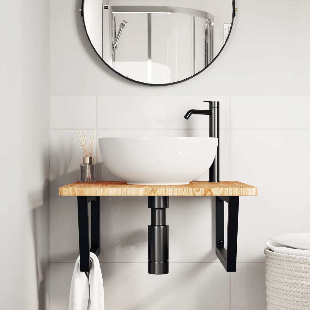 Basin Shelf Wall Mounted Steel and Solid Wood Oak Trapezium Width 60 cm Light brown and black