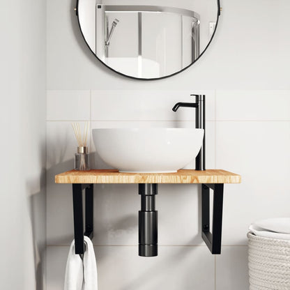 Basin Shelf Wall Mounted Steel and Solid Wood Oak Trapezium Width 60 cm Light brown and black