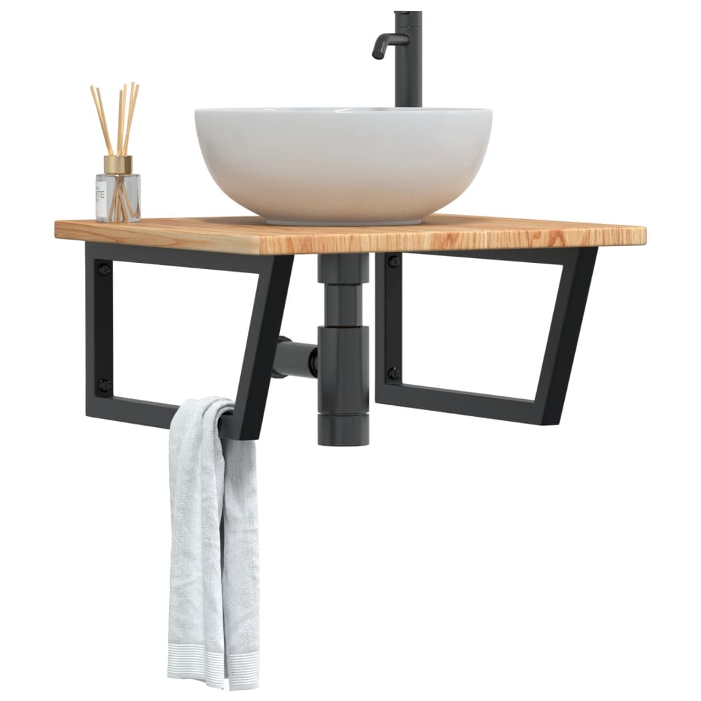Basin Shelf Wall Mounted Steel and Solid Wood Oak Trapezium Width 60 cm Light brown and black