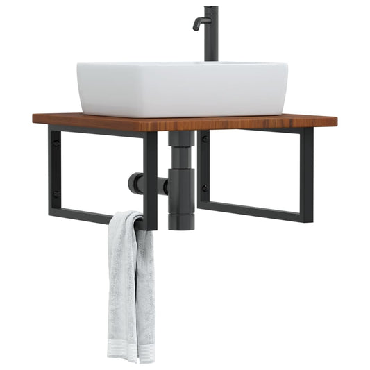 Basin Shelf Wall Mounted Steel and Solid Wood Oak Rectangular Width 60 cm Dark brown and black