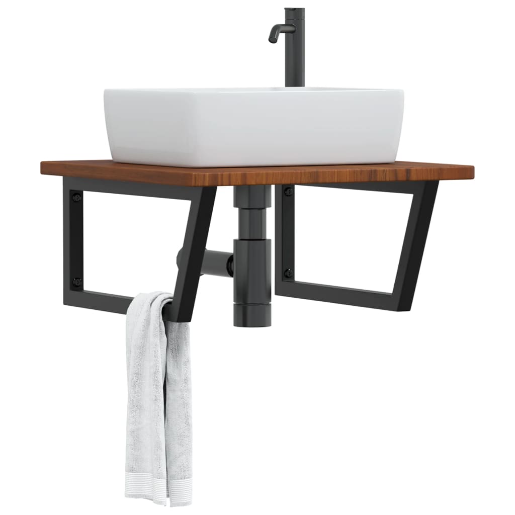 Basin Shelf Wall Mounted Steel and Solid Wood Oak Trapezium Width 60 cm Dark brown and black