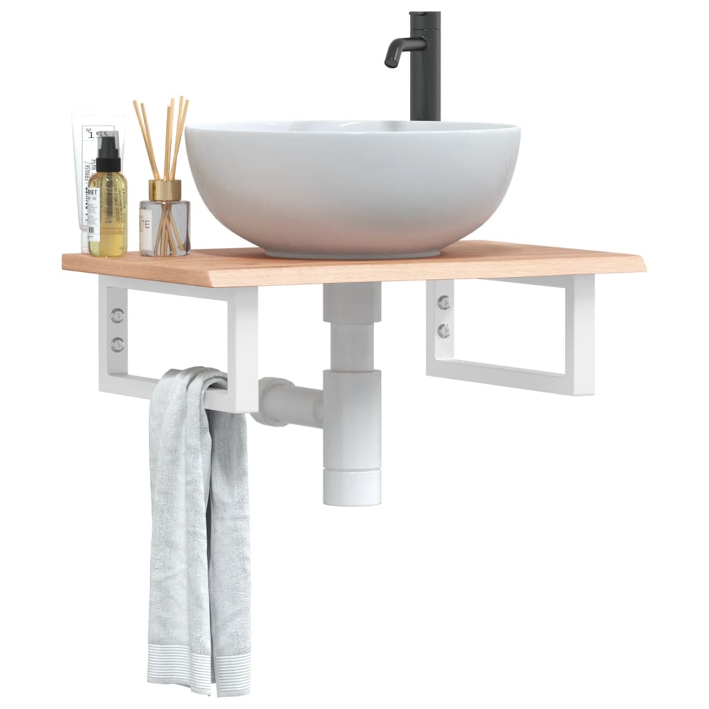 Basin Shelf Wall Mounted Steel and Solid Wood Oak Rectangular Depth 40 cm Light brown and white 60 cm