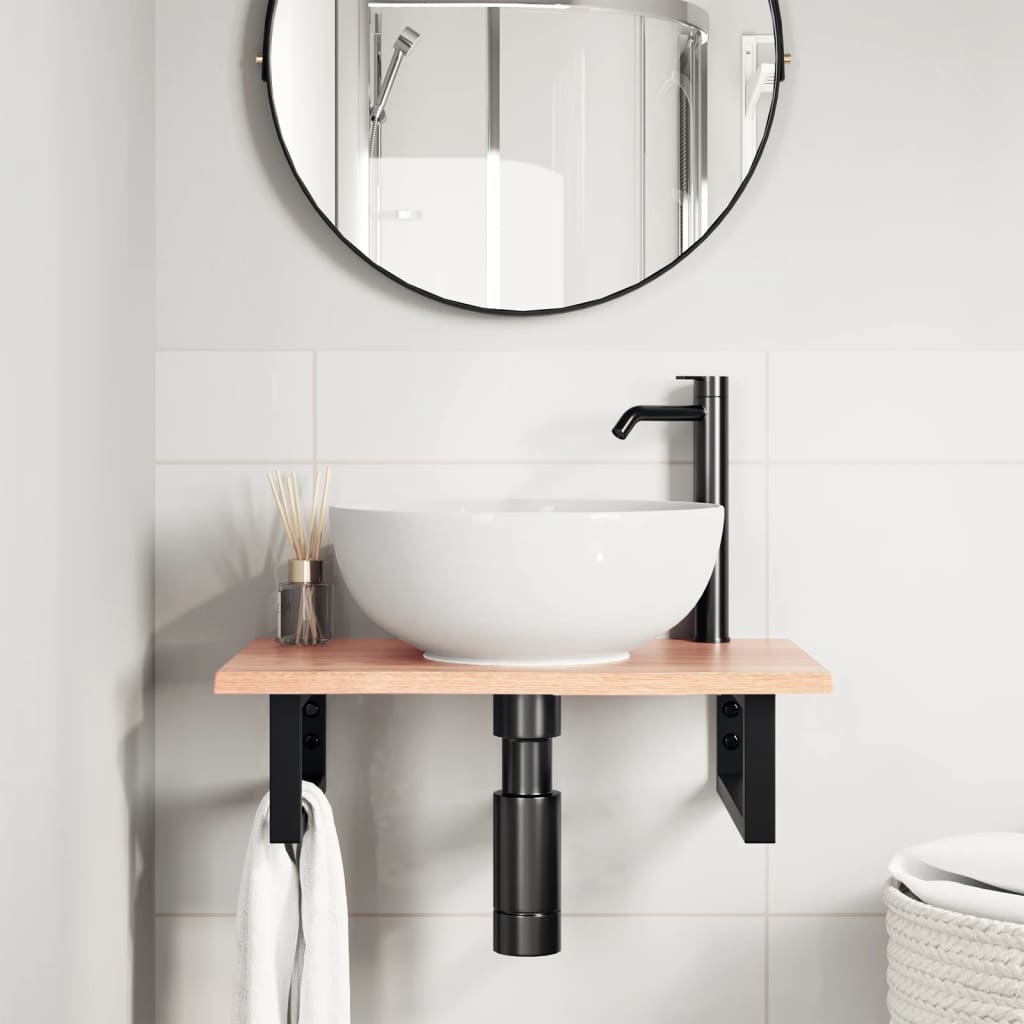 Basin Shelf Wall Mounted Steel and Solid Wood Oak Rectangular Depth 40 cm Light brown and black 60 cm