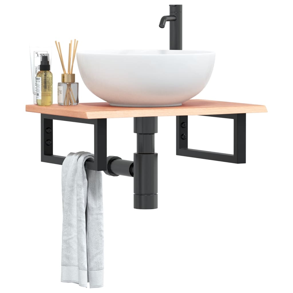 Basin Shelf Wall Mounted Steel and Solid Wood Oak Rectangular Depth 40 cm Light brown and black 60 cm