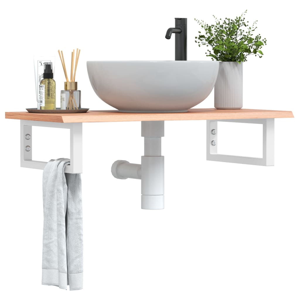 Basin Shelf Wall Mounted Steel and Solid Wood Oak Rectangular Depth 40 cm Light brown and white 80 cm