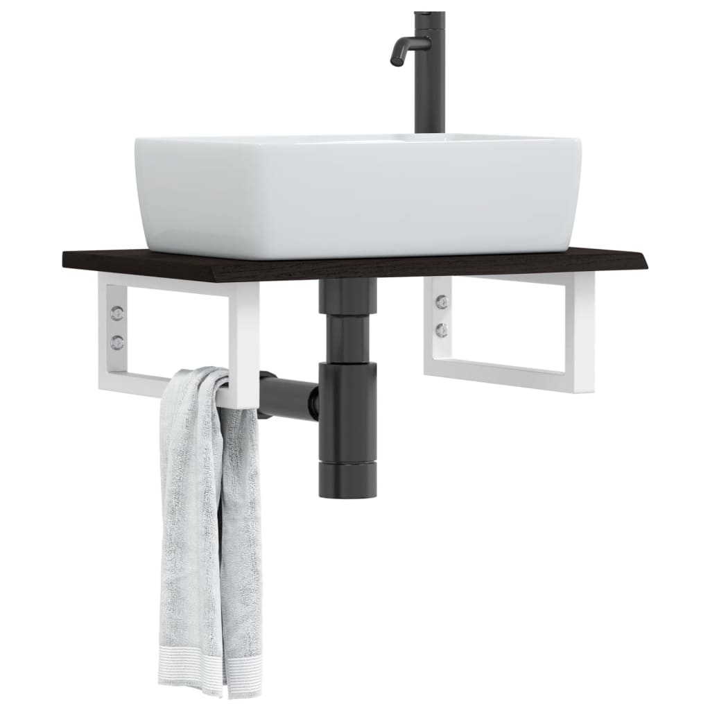 Basin Shelf Wall Mounted Steel and Solid Wood Oak Rectangular Depth 40 cm Dark brown and white 60 cm
