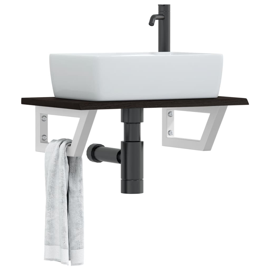 Basin Shelf Wall Mounted Steel and Solid Wood Oak Trapezium Depth 40 cm Dark brown and white 60 cm
