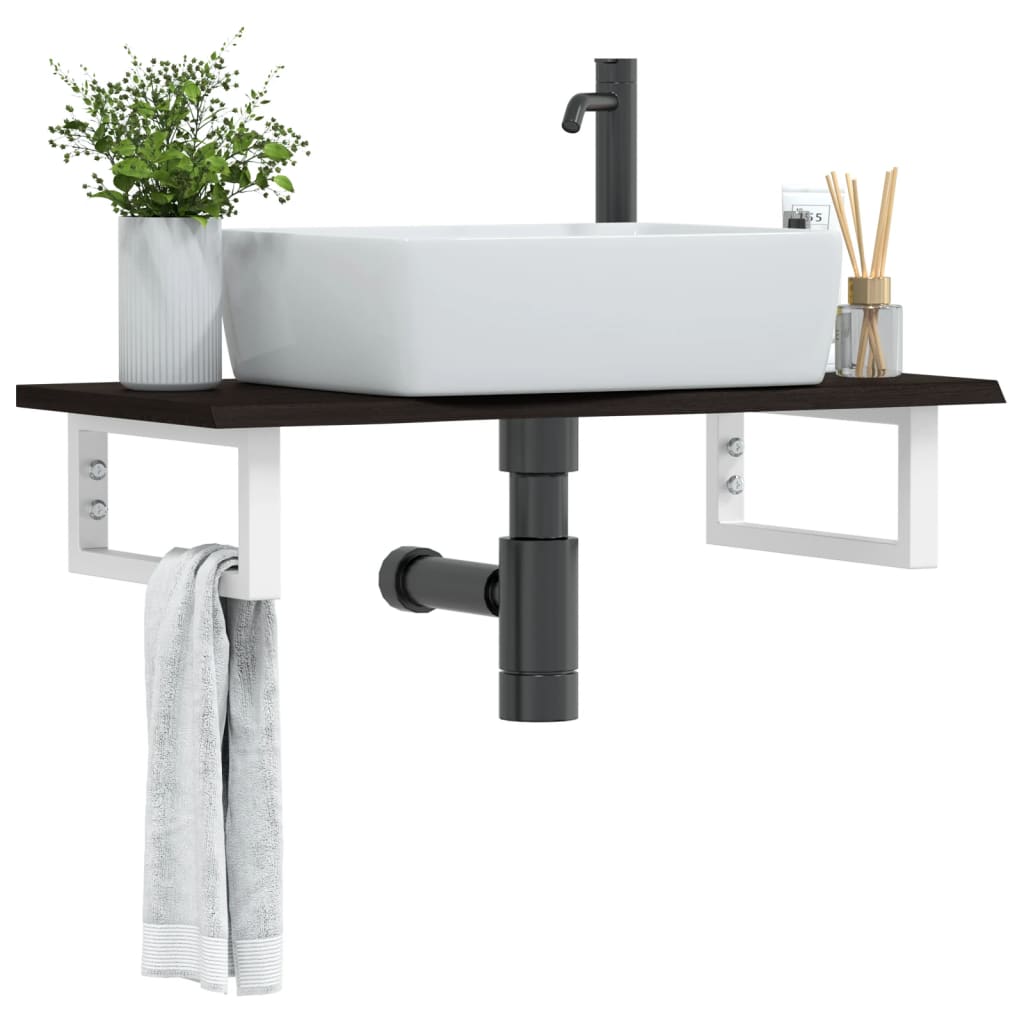 Basin Shelf Wall Mounted Steel and Solid Wood Oak Rectangular Depth 40 cm Dark brown and white 80 cm