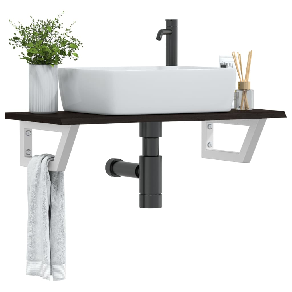 Basin Shelf Wall Mounted Steel and Solid Wood Oak Trapezium Depth 40 cm Dark brown and white 80 cm