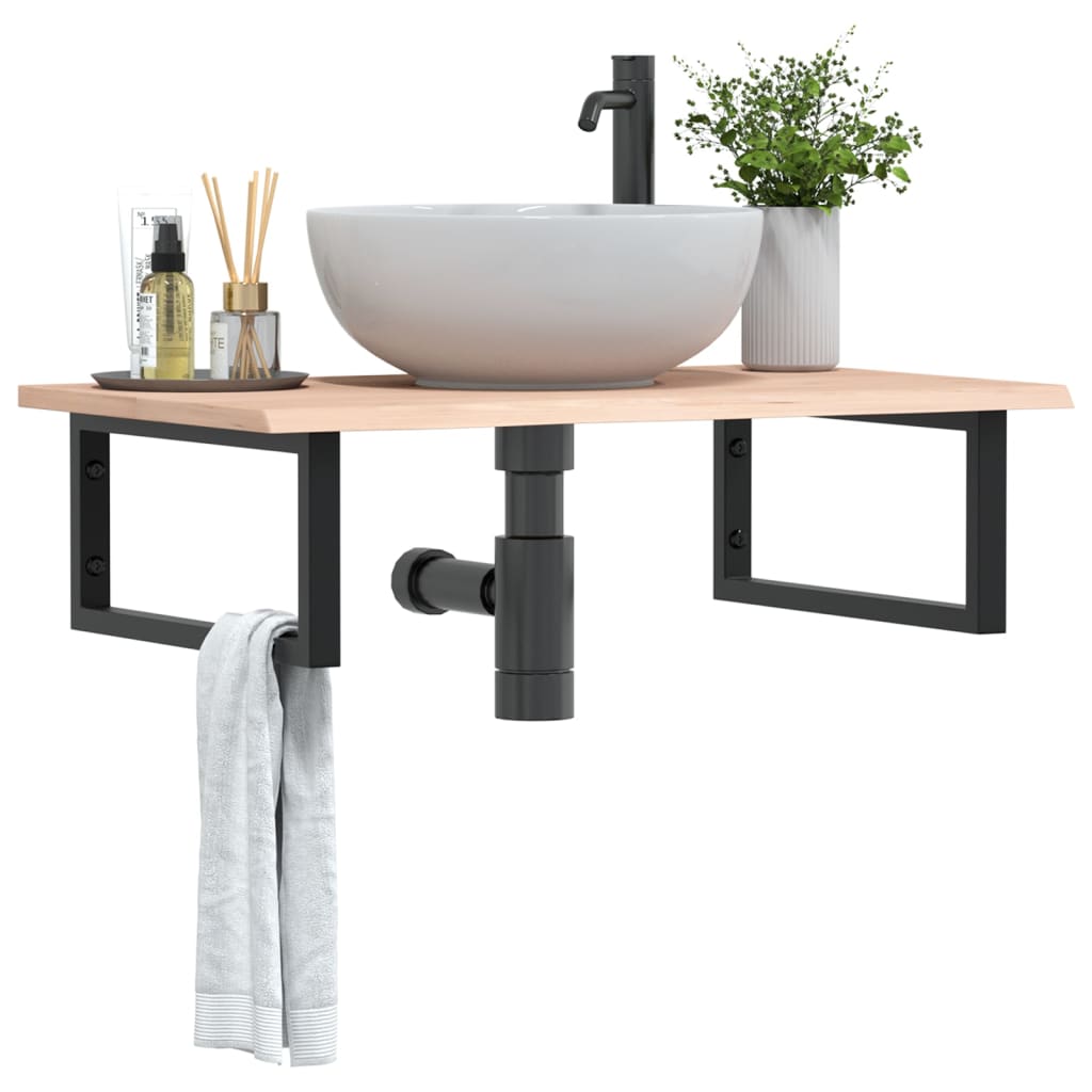 Basin Shelf Wall Mounted Steel and Solid Wood Oak Rectangular Depth 50 cm Width 80 cm Brown and black