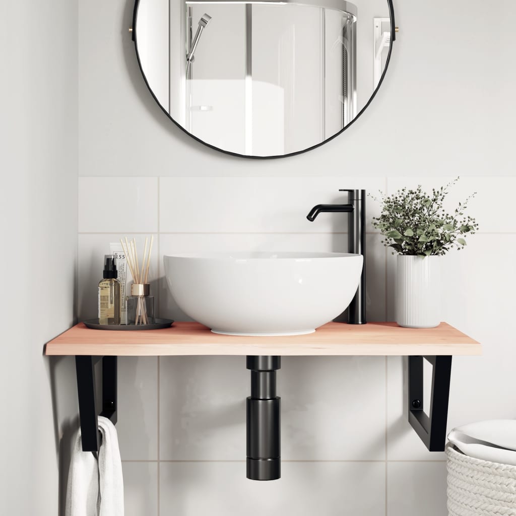 Basin Shelf Wall Mounted Steel and Solid Wood Oak Trapezium Depth 50 cm Width 80 cm Brown and black