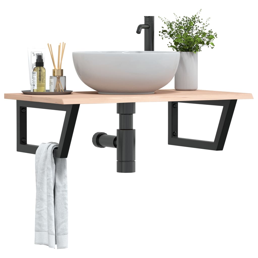 Basin Shelf Wall Mounted Steel and Solid Wood Oak Trapezium Depth 50 cm Width 80 cm Brown and black
