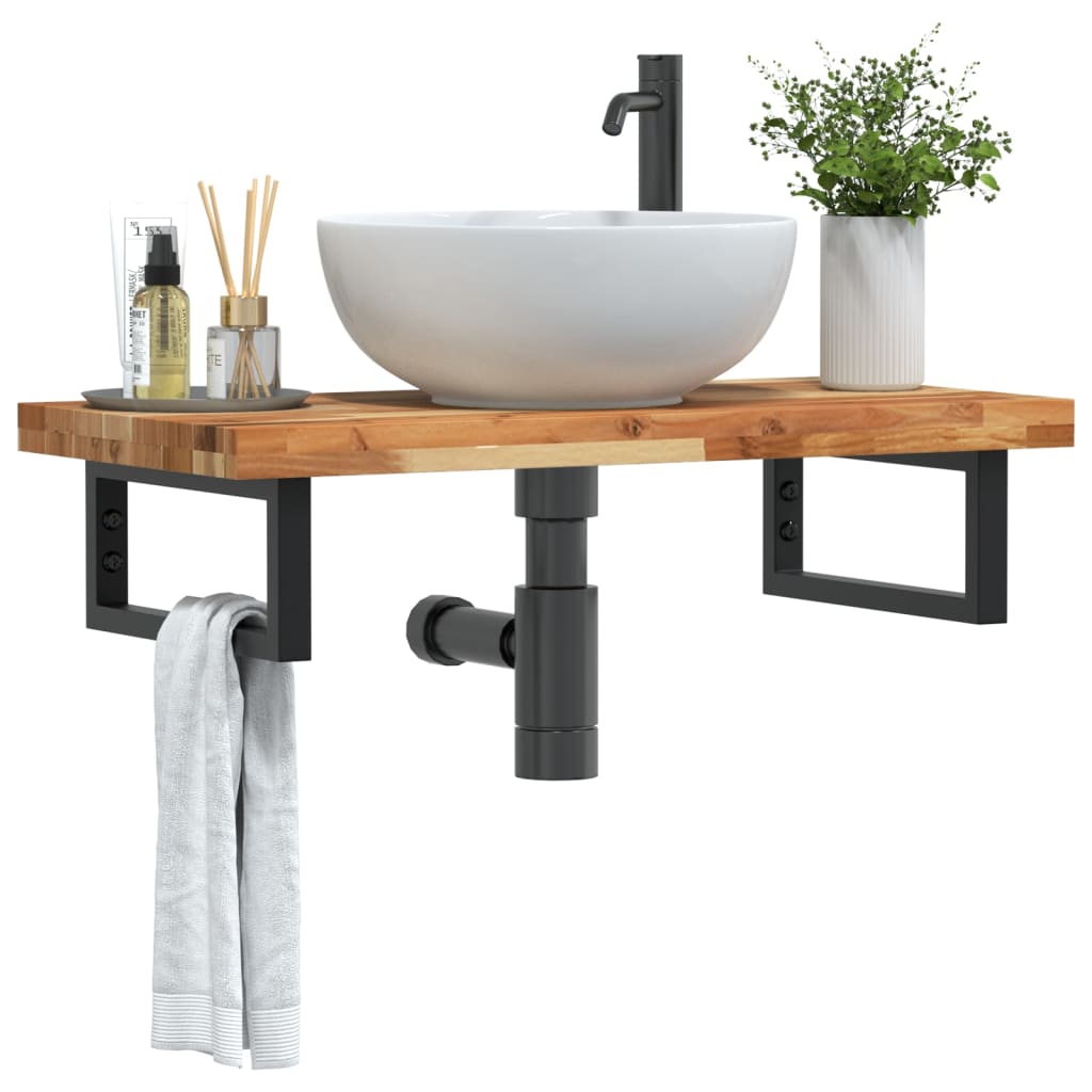 Basin Shelf Wall Mounted Steel and Solid Wood Acacia Rectangular Height 4 cm Dark Brown and Black 100 cm