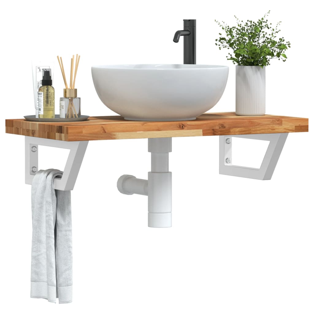 Basin Shelf Wall Mounted Steel and Solid Wood Acacia Trapezium Height 4 cm Dark Brown and White 100 cm