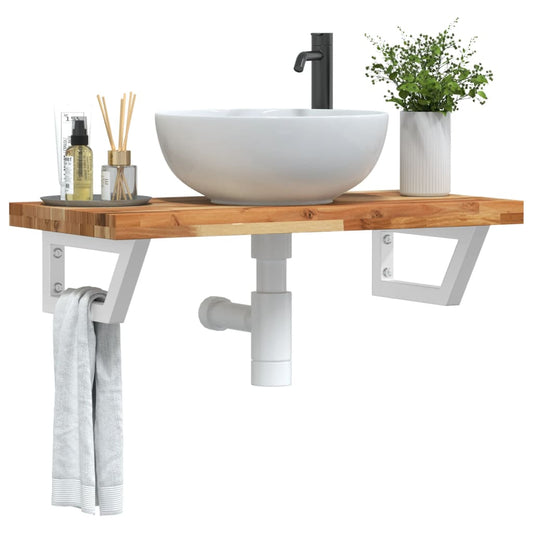 Basin Shelf Wall Mounted Steel and Solid Wood Acacia Trapezium Height 4 cm Dark Brown and White 100 cm