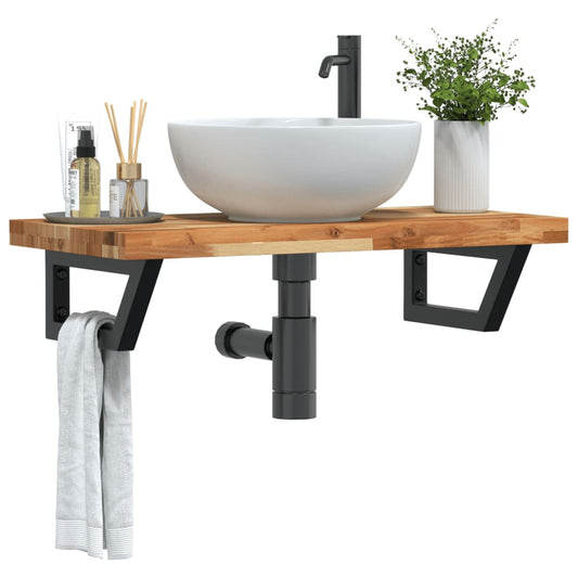 Basin Shelf Wall Mounted Steel and Solid Wood Acacia Trapezium Height 4 cm Dark Brown and Black 100 cm