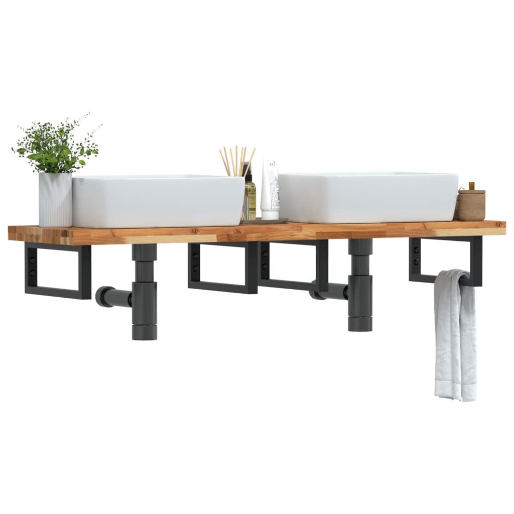 Basin Shelf Wall Mounted Steel and Solid Wood Acacia Rectangular Height 4 cm Dark Brown and Black 140 cm
