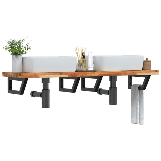 Basin Shelf Wall Mounted Steel and Solid Wood Acacia Trapezium Height 4 cm Dark Brown and Black 140 cm