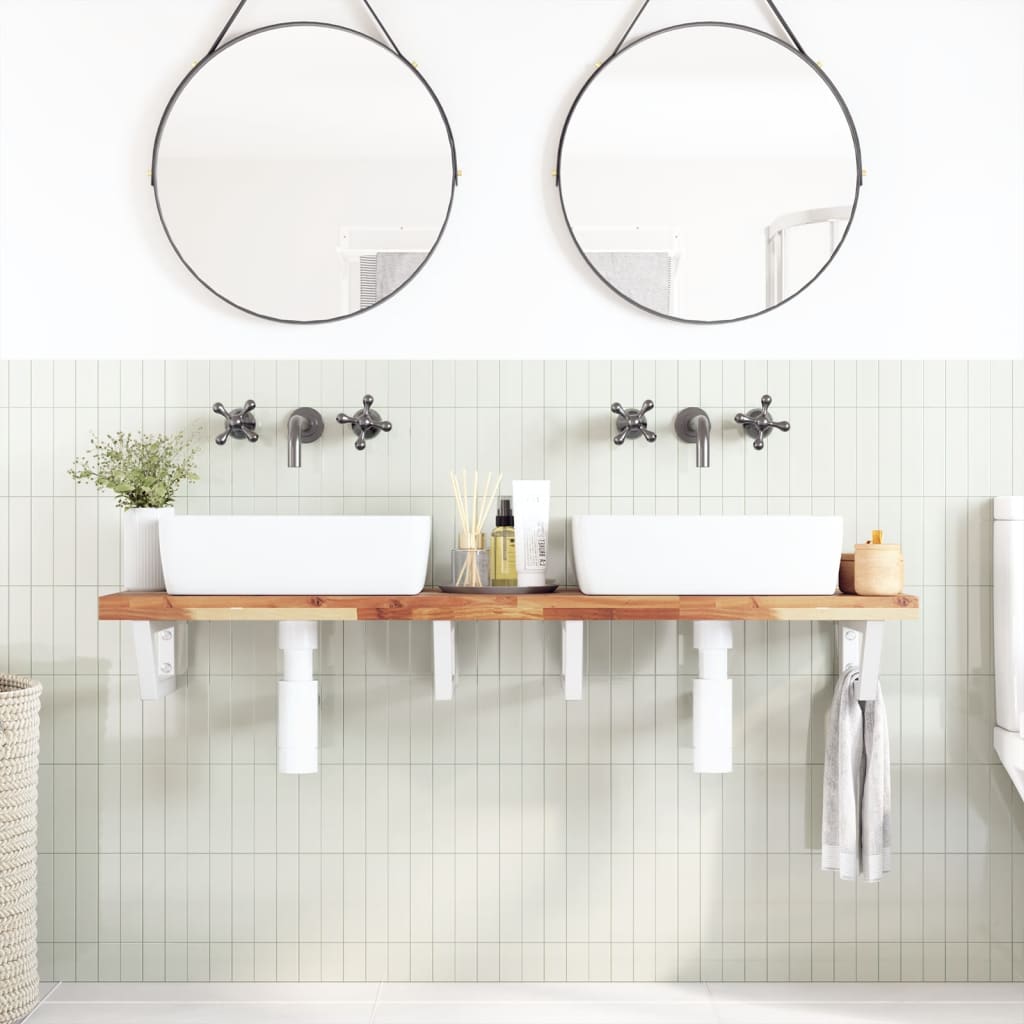 Basin Shelf Wall Mounted Steel and Solid Wood Acacia Trapezium Height 4 cm Dark Brown and White 160 cm