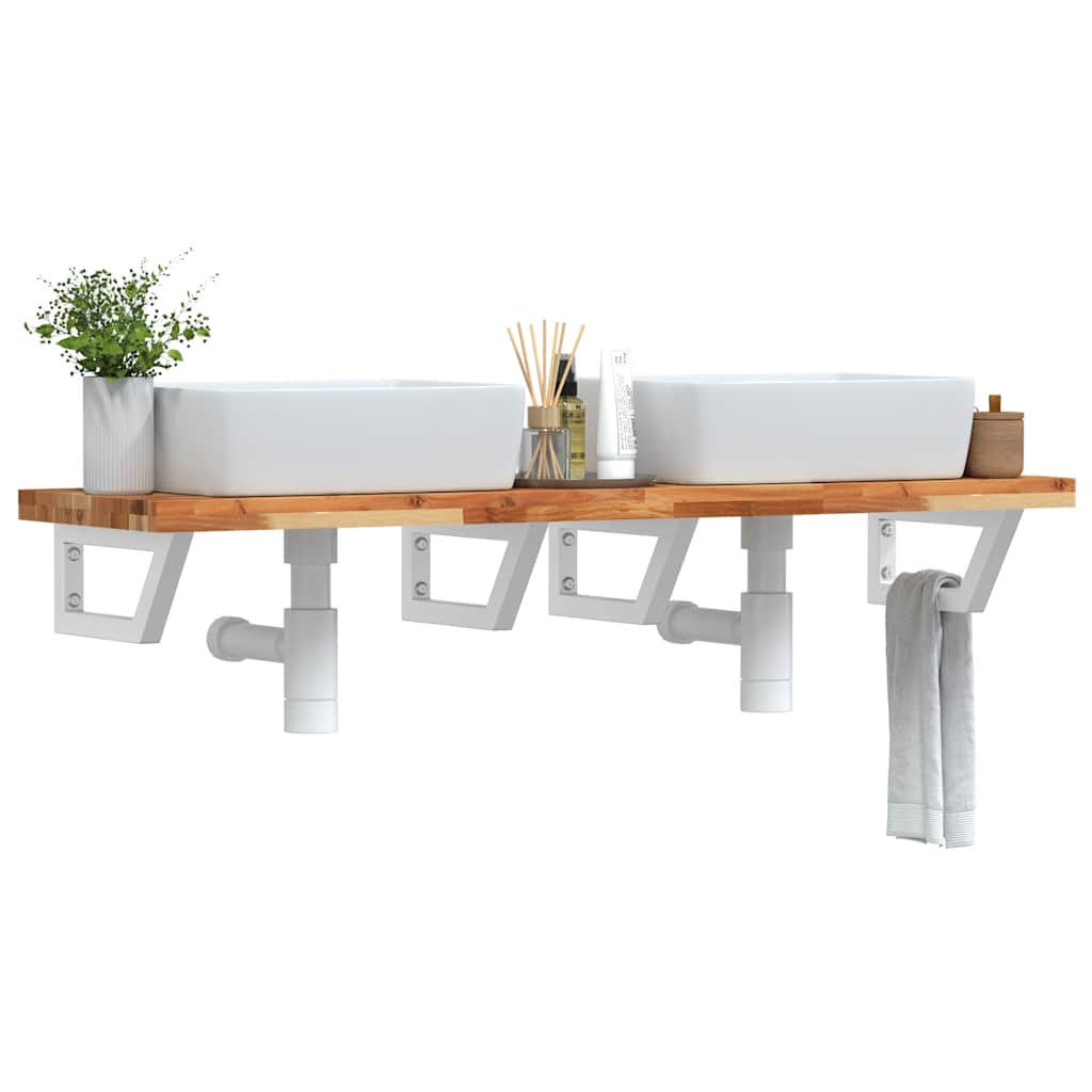 Basin Shelf Wall Mounted Steel and Solid Wood Acacia Trapezium Height 4 cm Dark Brown and White 160 cm