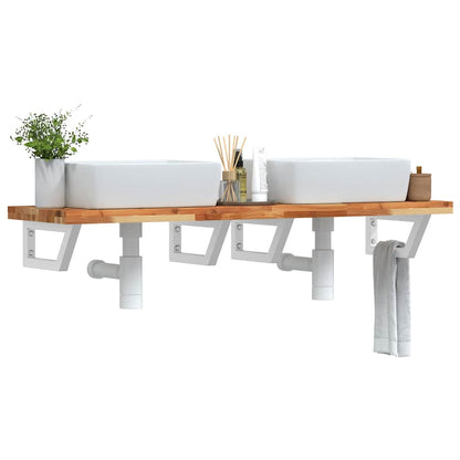 Basin Shelf Wall Mounted Steel and Solid Wood Acacia Trapezium Height 4 cm Dark Brown and White 160 cm