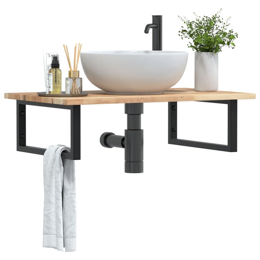 Basin Shelf Wall Mounted Steel and Solid Wood Acacia Rectangular Depth 50 cm Height 2 cm Brown and Black 80 cm