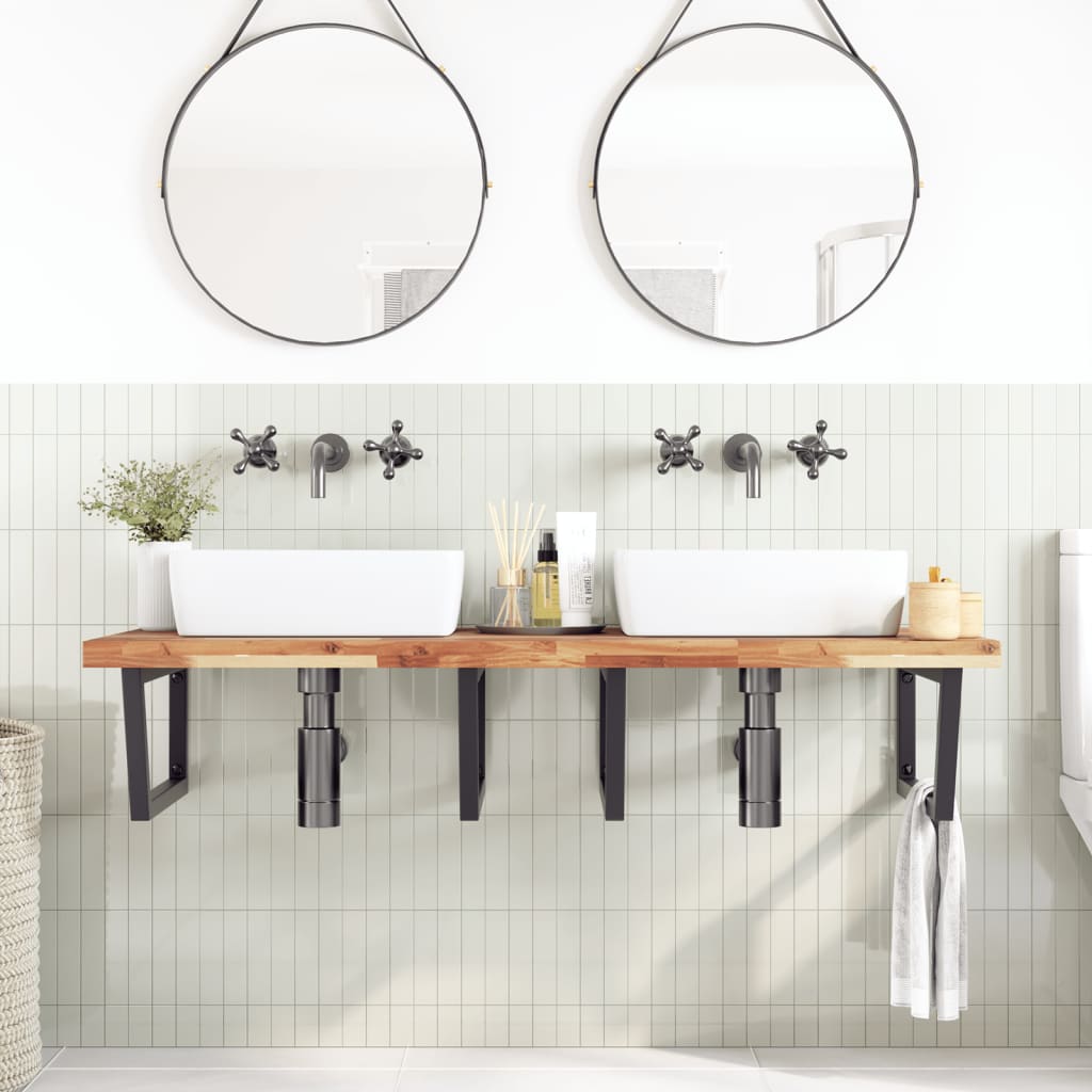 Basin Shelf Wall Mounted Steel and Solid Wood Acacia Trapezium Depth 60 cm Dark brown and black 140 cm