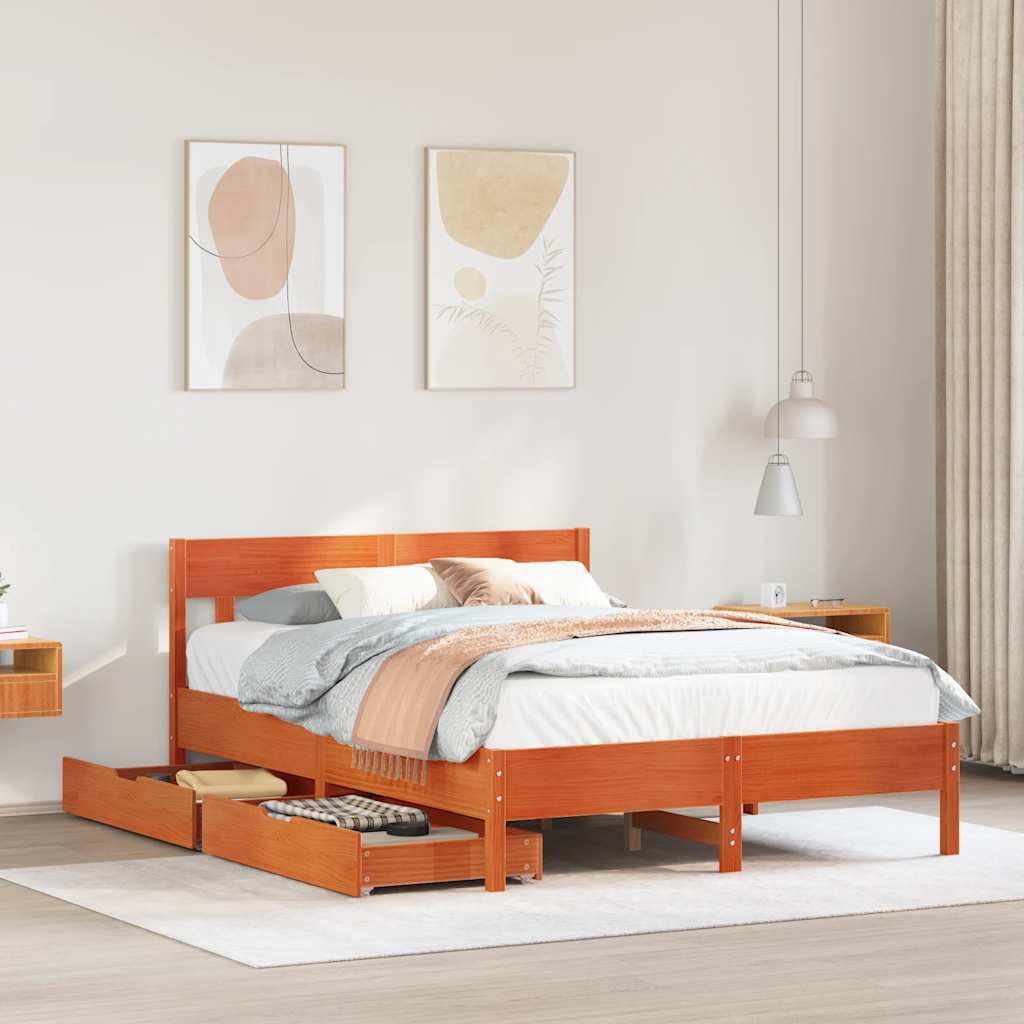 Bed Frame without Mattress Solid Wood Pine Length 200 cm Wax brown 150 cm