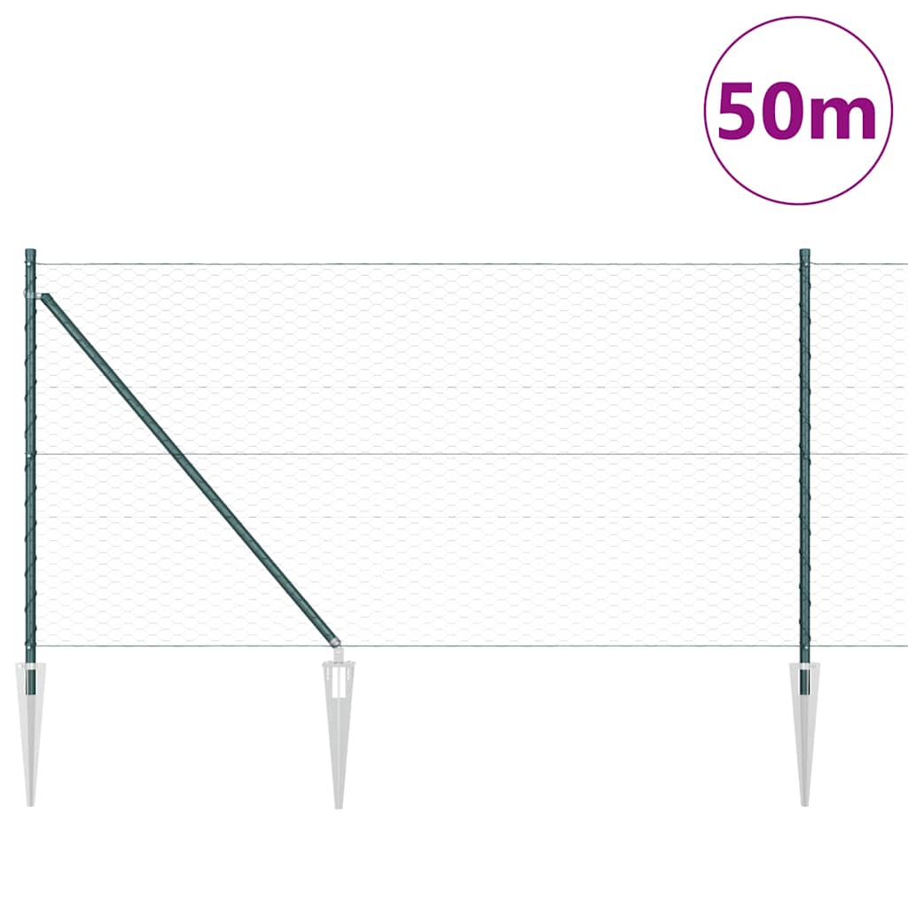 vidaXL Hexagonal Fence with Post 50 x 1 m PVC-Coated Steel Green Mesh 3
