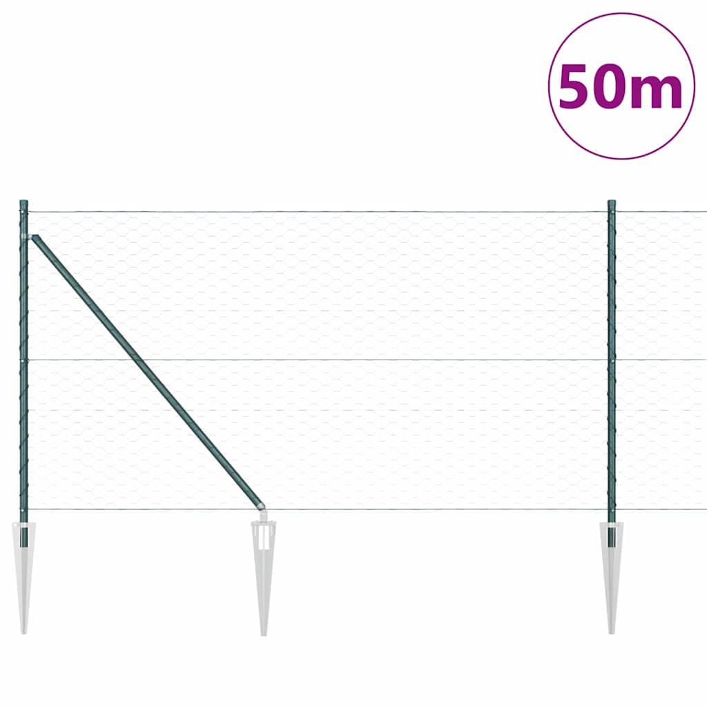 vidaXL Hexagonal Fence with Post 50 x 1 m PVC-Coated Steel Green Mesh 3