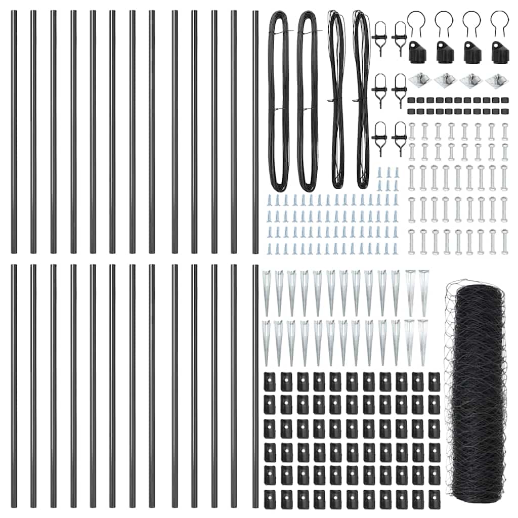 vidaXL Hexagonal Fence with Post 50 x 1 m PVC-Coated Steel Grey Mesh 2