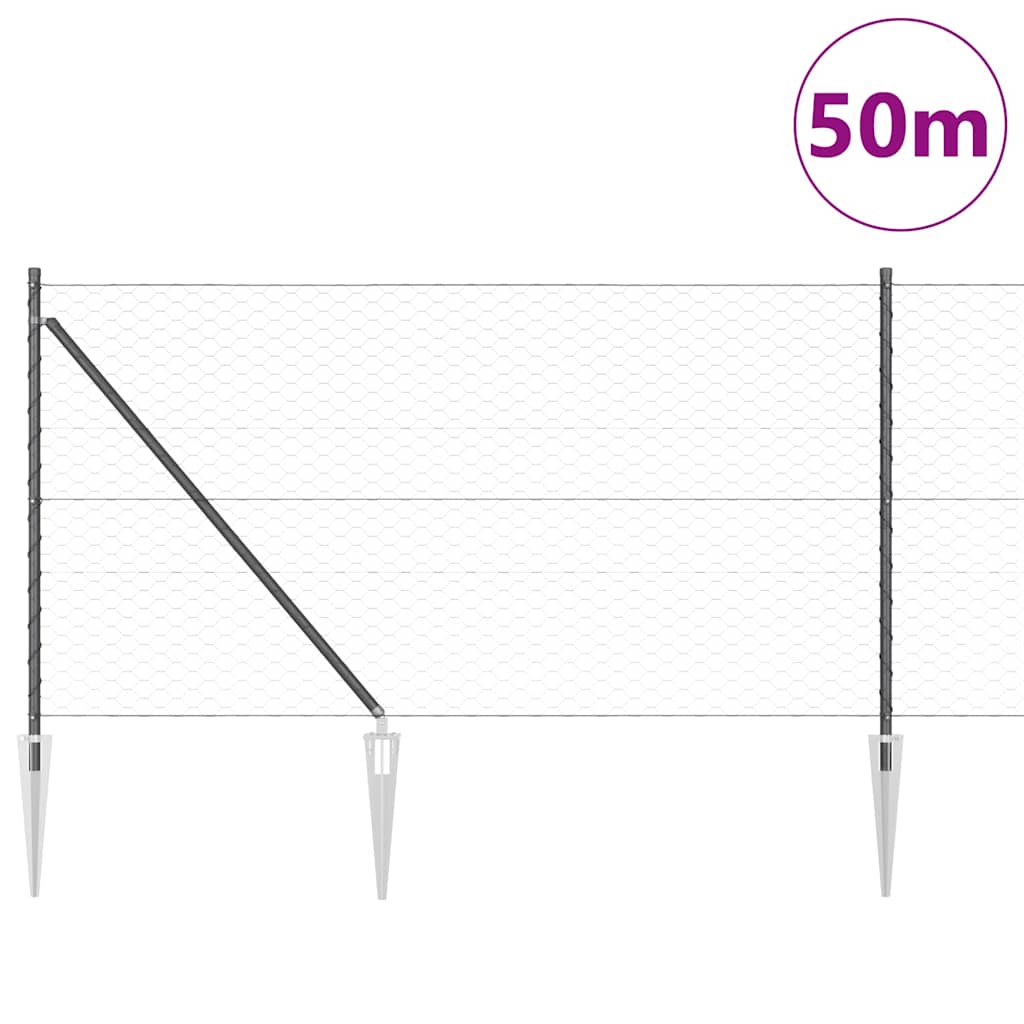 vidaXL Hexagonal Fence with Post 50 x 1 m PVC-Coated Steel Grey Mesh 3