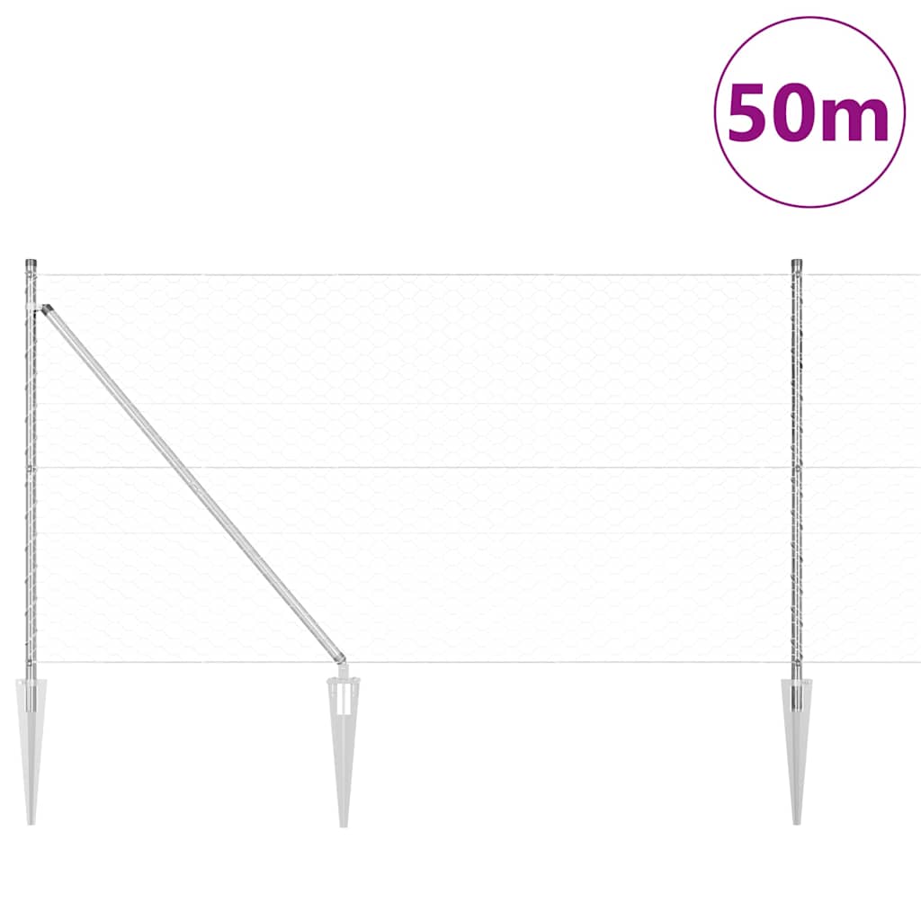 vidaXL Hexagonal Fence with Post 50 x 1 m Galvanised Steel Silver Mesh 3