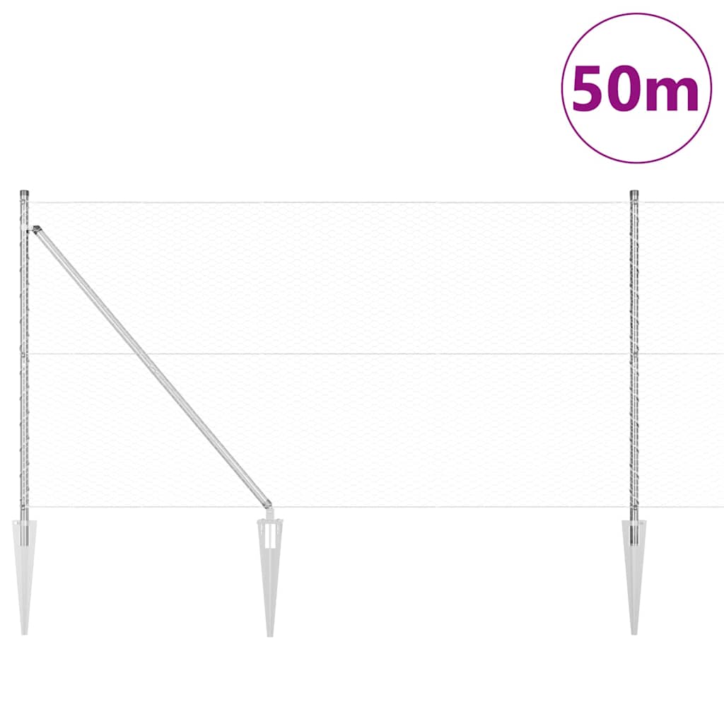 vidaXL Hexagonal Fence with Post 50 x 1.4 m Galvanised Steel Silver 3