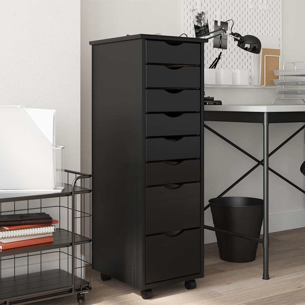 Rolling Cabinet with Drawers "MOSS" Solid Wood Pine Black 34 x 39 x 103 cm