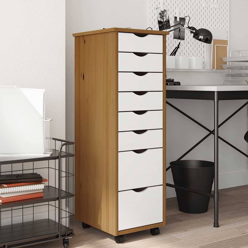 Rolling Cabinet with Drawers "MOSS" Solid Wood Pine Honey brown and white 34 x 39 x 103 cm