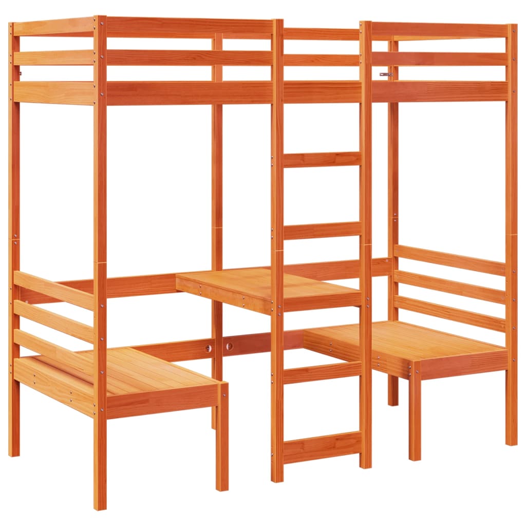 vidaXL Loft Bed Frame with Desk&Chairs Wax Brown 90x200cm 2