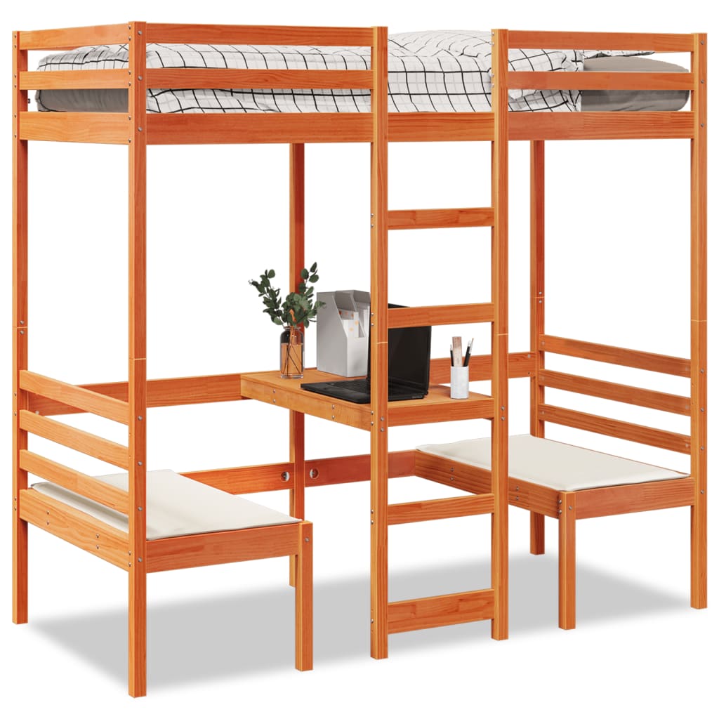 vidaXL Loft Bed Frame with Desk&Chairs Wax Brown 90x200cm 1