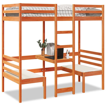 vidaXL Loft Bed Frame with Desk&Chairs Wax Brown 90x200cm 1