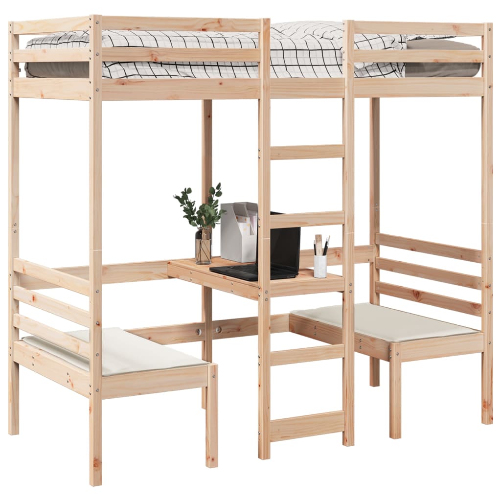 vidaXL Loft Bed Frame with Desk&Chairs 80x200cm Solid Wood Pine 4