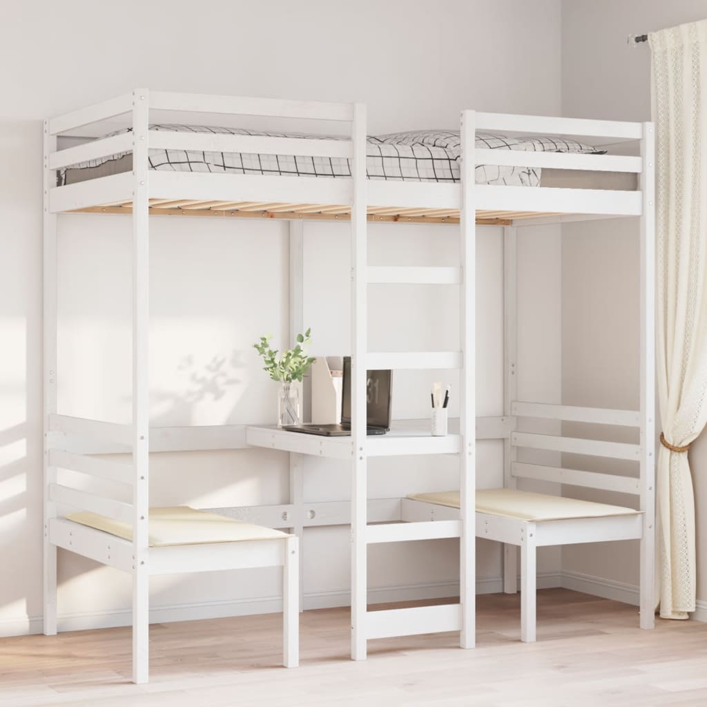 vidaXL Loft Bed Frame with Desk&Chairs White 80x200cm Solid Wood Pine 3