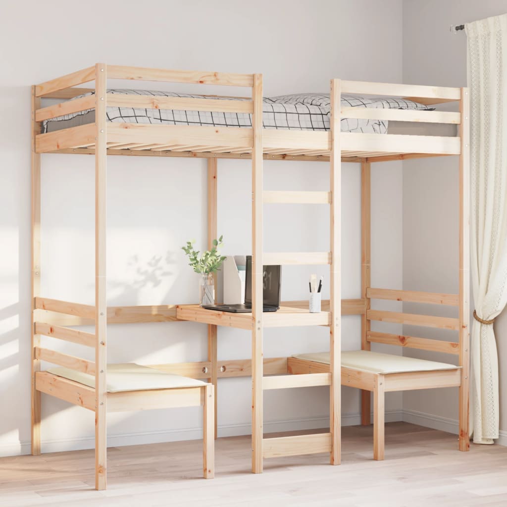vidaXL Loft Bed Frame with Desk&Chairs 90x190cm Solid Wood Pine 3