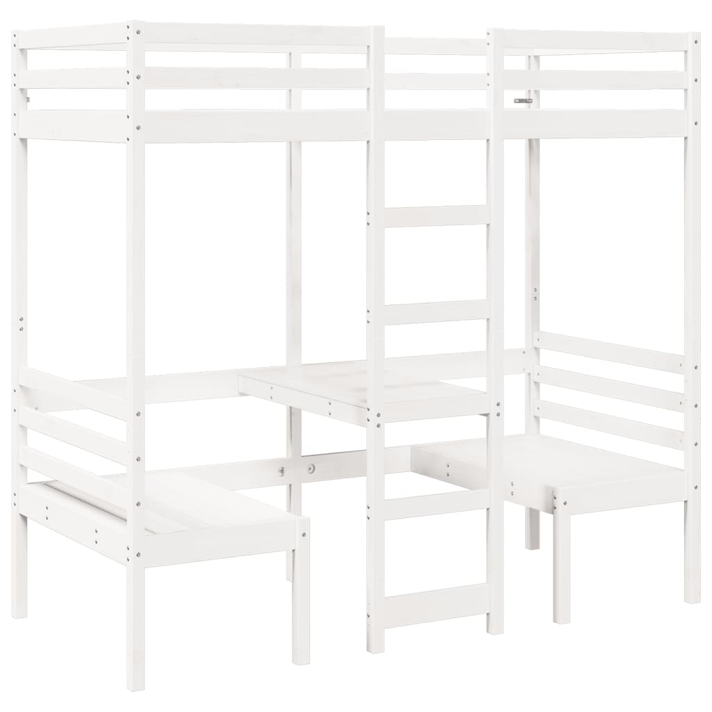 vidaXL Loft Bed Frame with Desk&Chairs White 75x190cm Solid Wood Pine 2