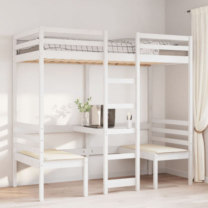 vidaXL Loft Bed Frame with Desk&Chairs White 75x190cm Solid Wood Pine 3