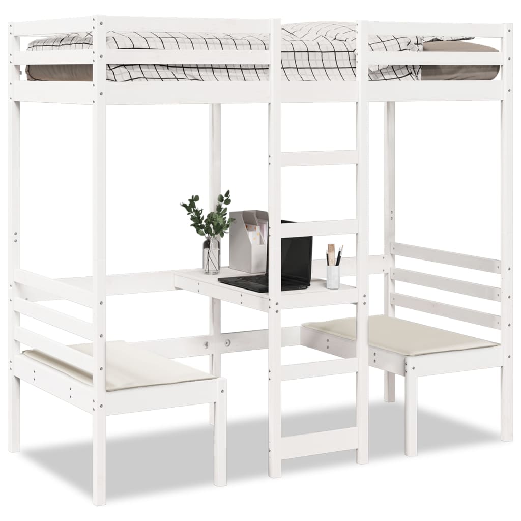 vidaXL Loft Bed Frame with Desk&Chairs White 75x190cm Solid Wood Pine 1
