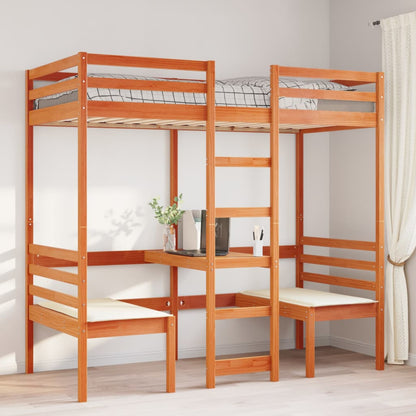 vidaXL Loft Bed Frame with Desk&Chairs Wax Brown 75x190cm 3
