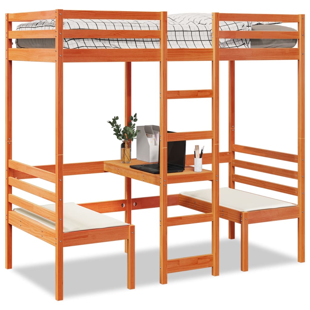 vidaXL Loft Bed Frame with Desk&Chairs Wax Brown 75x190cm 1