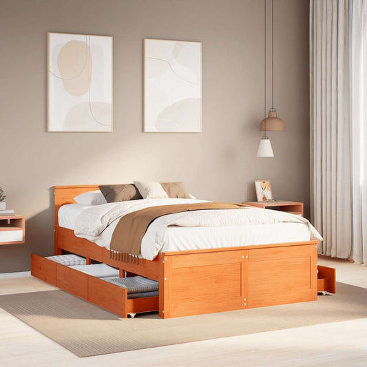 vidaXL Bed Frame without Mattress with Headboard Wax Brown 135x190 cm Solid Wood Pine 1