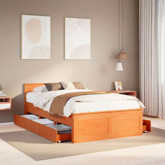 vidaXL Bed Frame without Mattress with Headboard Wax Brown 120x190 cm Solid Wood Pine 1
